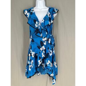 Yumi Kim Dress Womens XS Blue Floral Mini Silk Wrap Ruffle Boho Party V Neck
